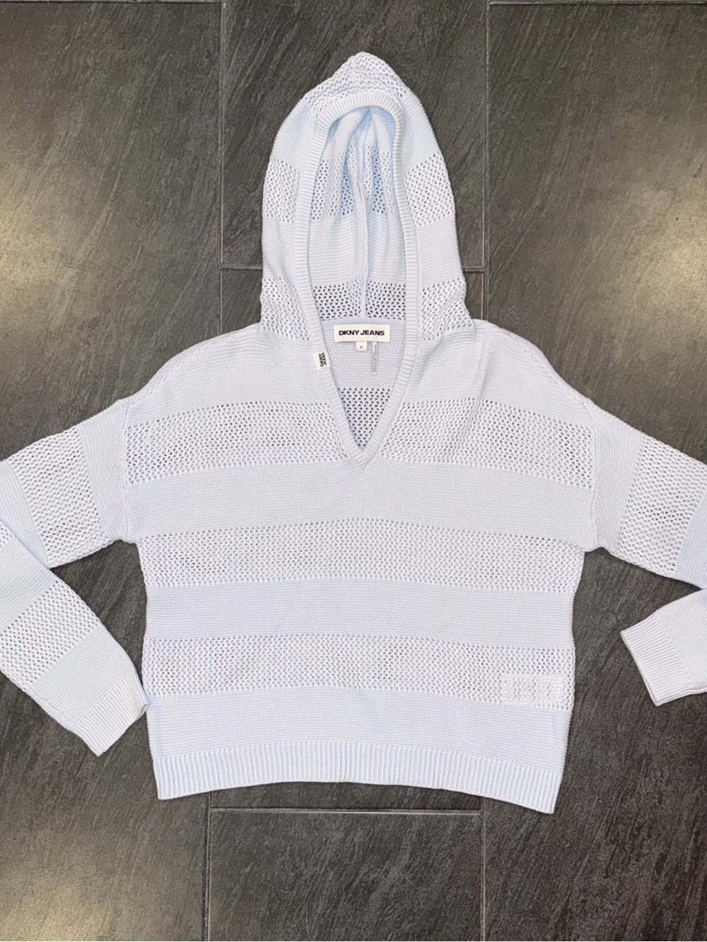 DKNY Light Blue V-Neck Hooded Open-Knit Sweater